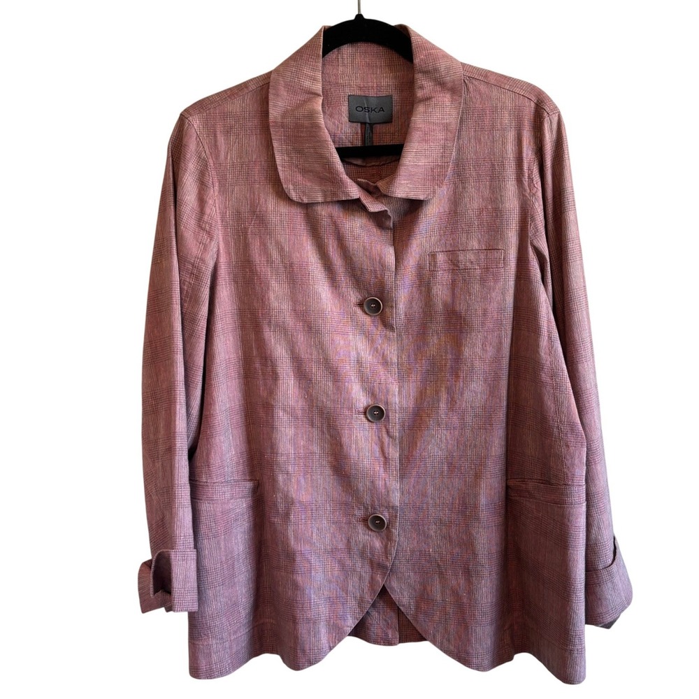 Oska Plaid Linen Cotton Blazer Dusty Rose Womens Size 2 Peter Pan Collar Jacket